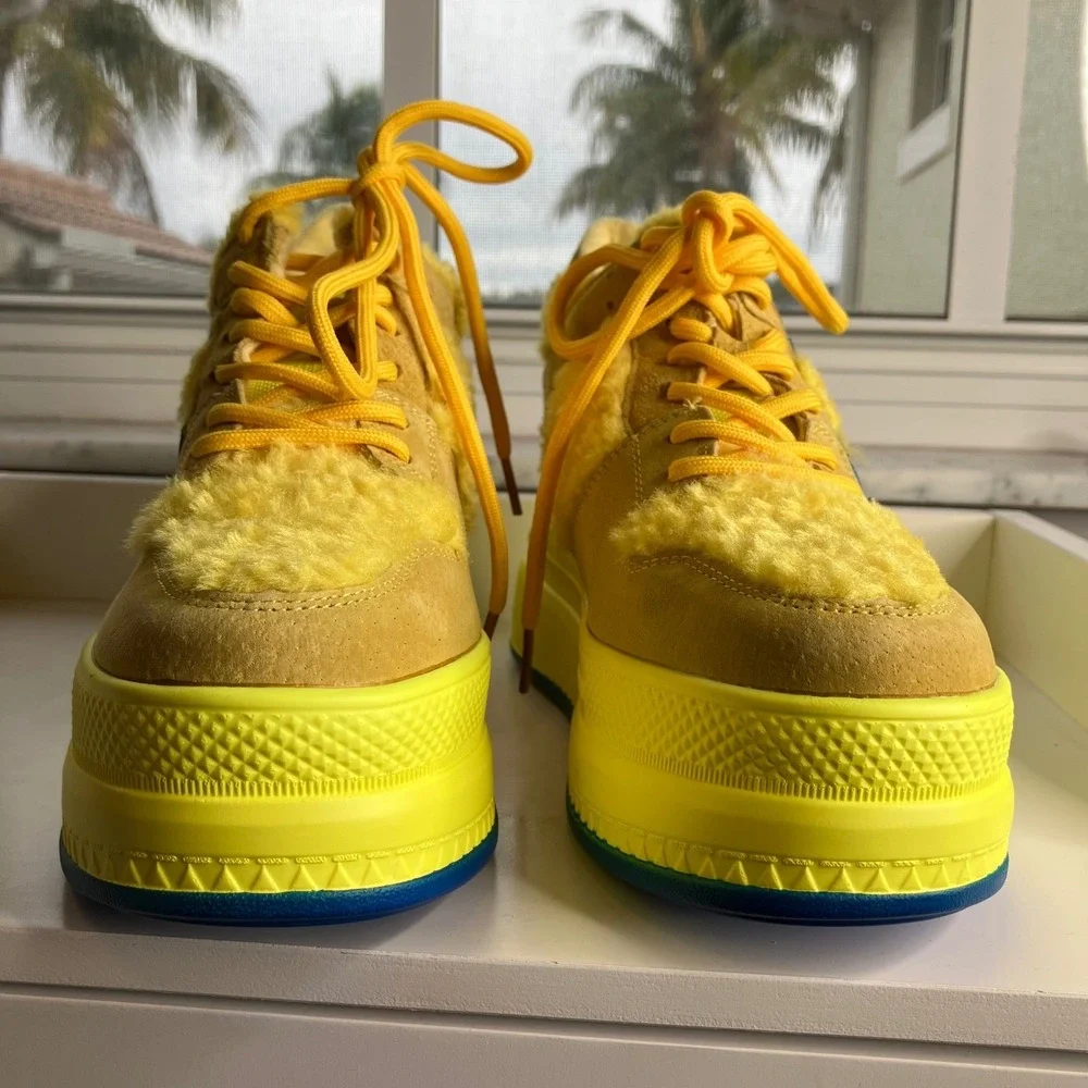 AW Quince 01 Yellow‎ Suede Fur Platform Wedge Sneakers Women's Size 8